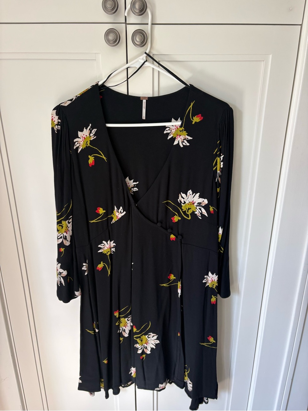 Free People Black Floral Long-Sleeve Wrap Dress